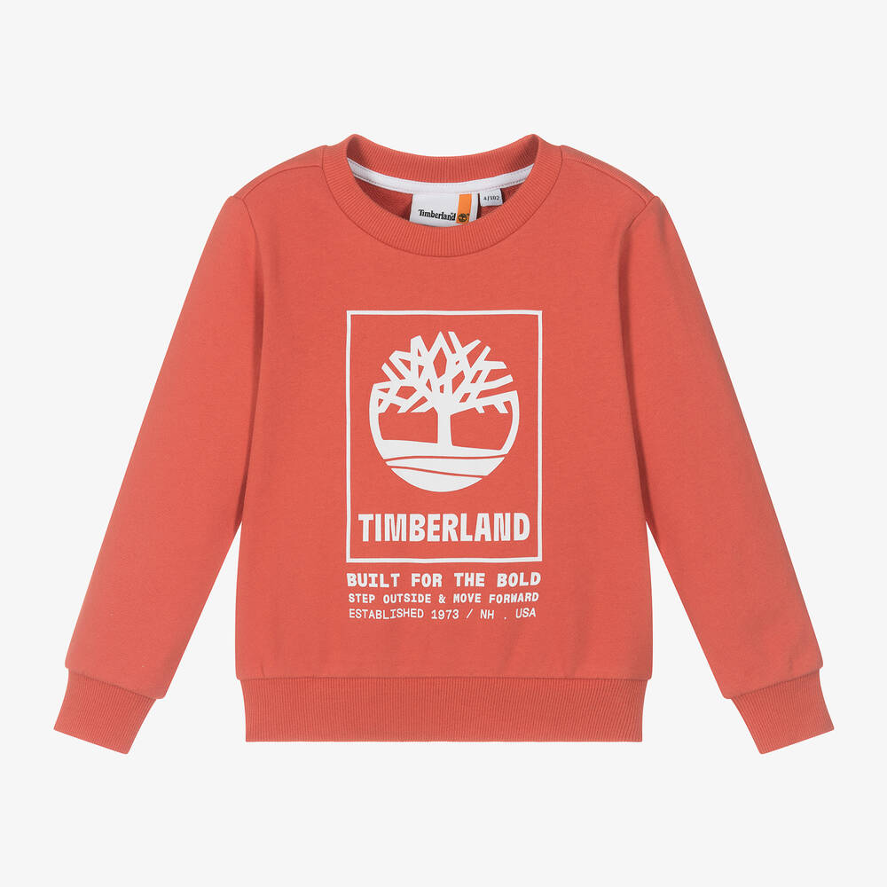 Timberland - سويتشيرت قطن عضوي جيرسي لون برتقالي للأولاد | Childrensalon
