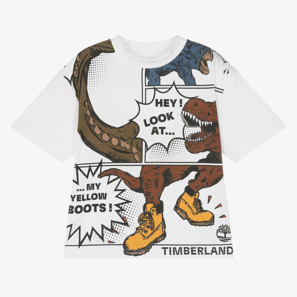 Timberland - Boys White Comic Dinosaur T-Shirt | Childrensalon