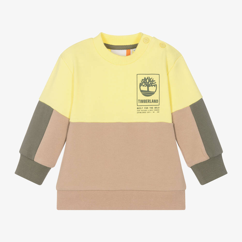 Timberland - سويتشيرت قطن عضوي جيرسي لون أصفر بألوان بلوك | Childrensalon