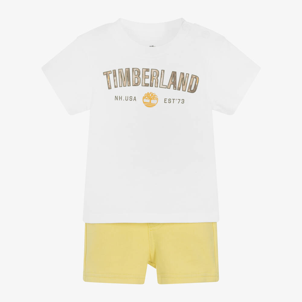Timberland - طقم شورت أطفال ولادي قطن جيرسي لون أصفر وأبيض | Childrensalon