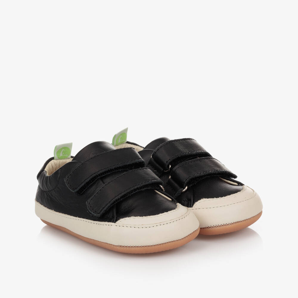 Tip Toey Joey - Black Leather Baby Trainers   | Childrensalon