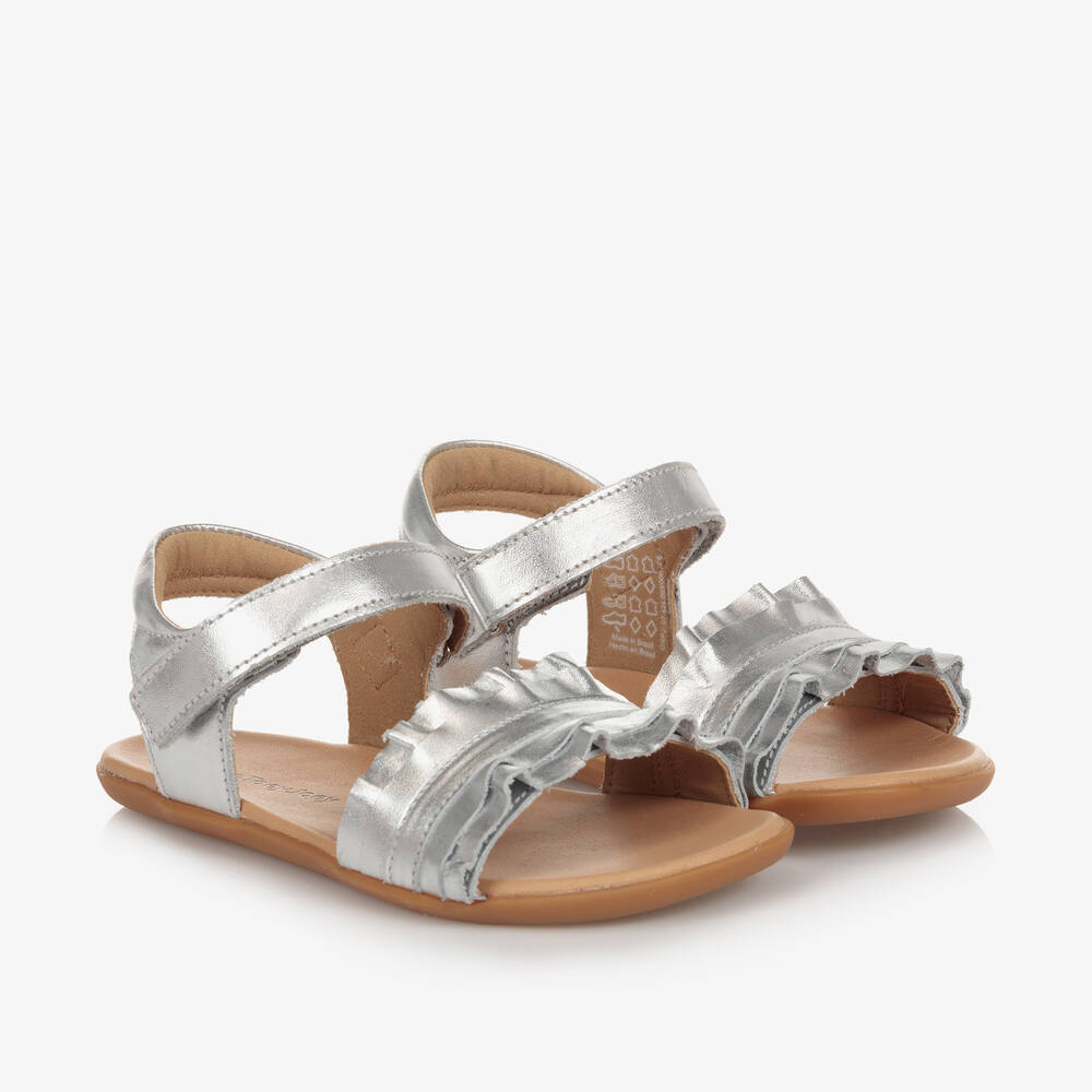 Tip Toey Joey - Girls Silver Leather Ruffle Sandals | Childrensalon