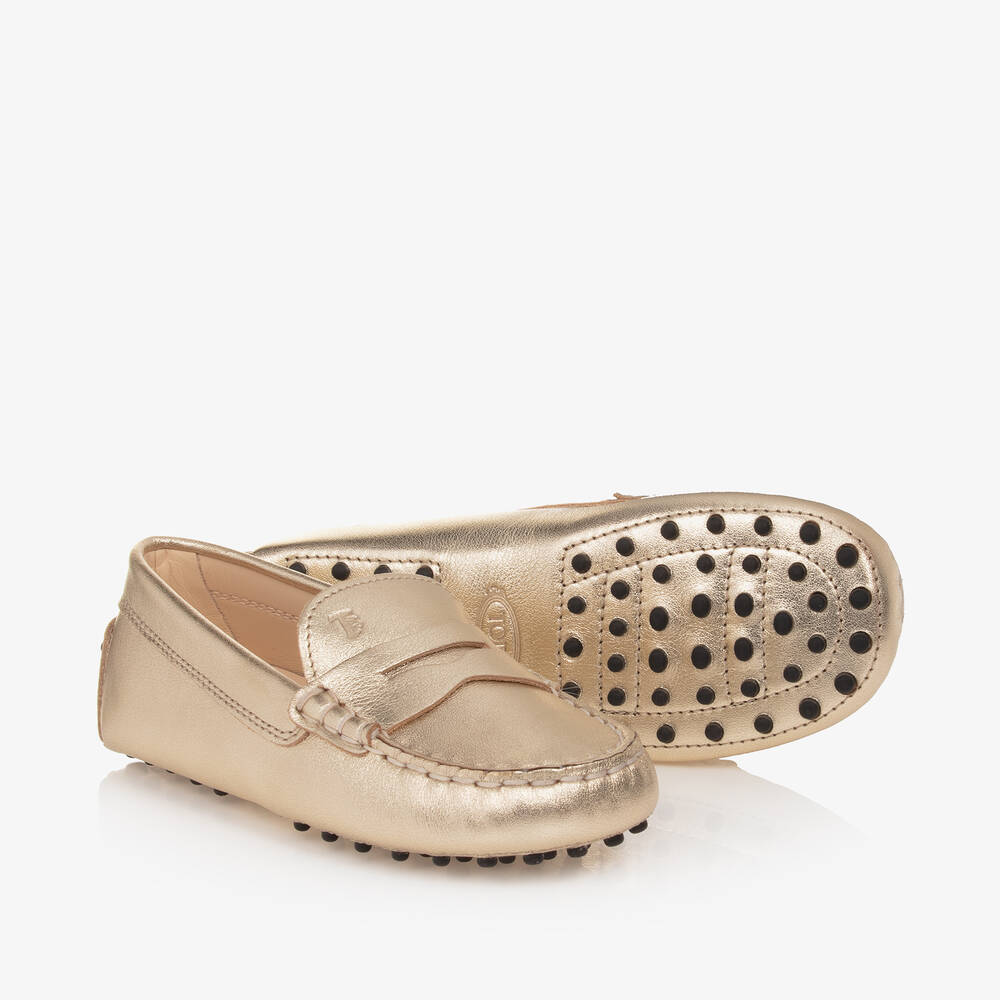 Shop Tod's Gold Leather Moccasin Shoes
