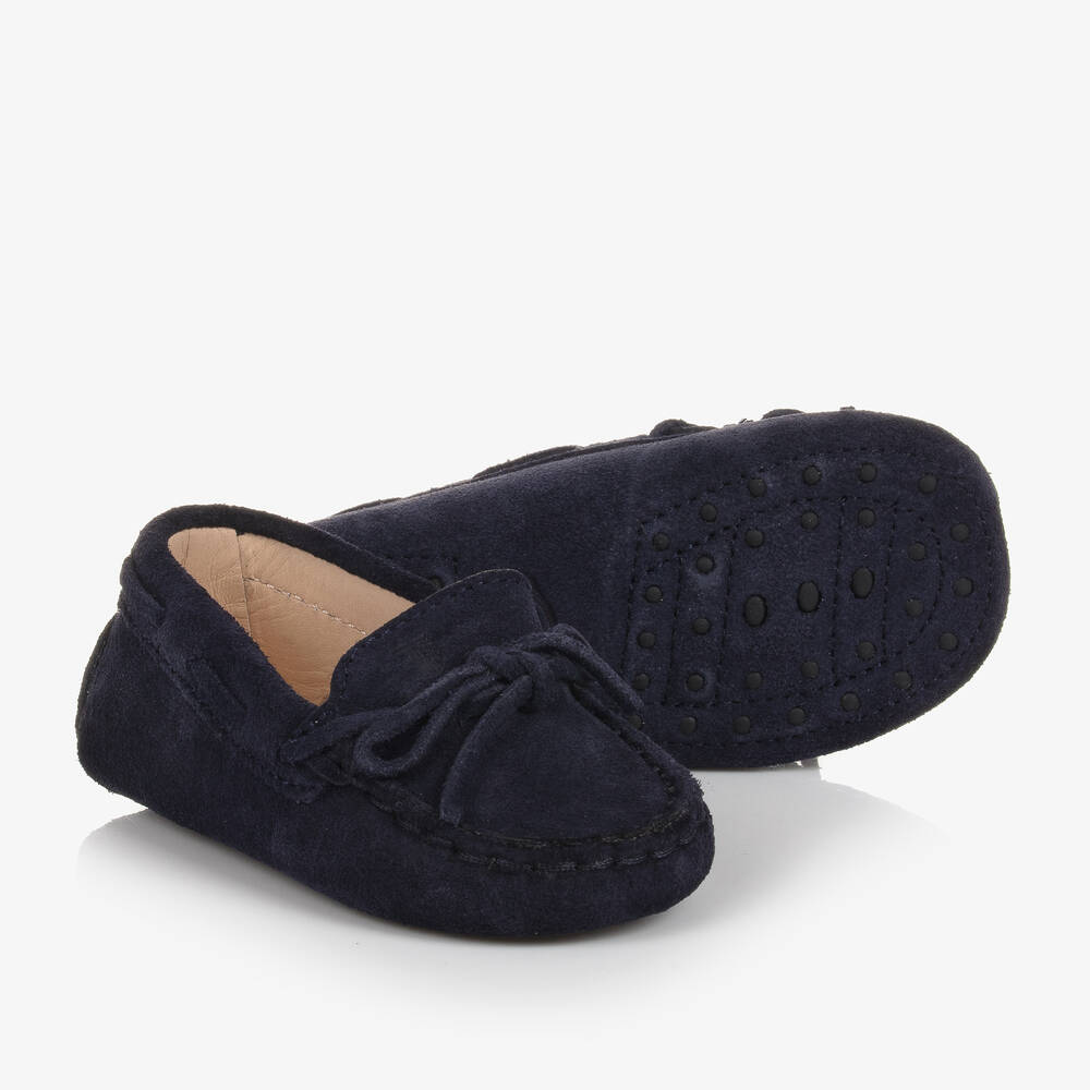 Shop Tod's Boys Navy Blue Suede Leather Moccasins