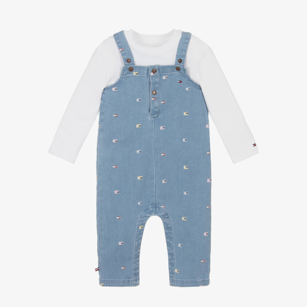 Tommy Hilfiger - Baby Boys Blue Denim Flag Print Dungaree Set | Childrensalon