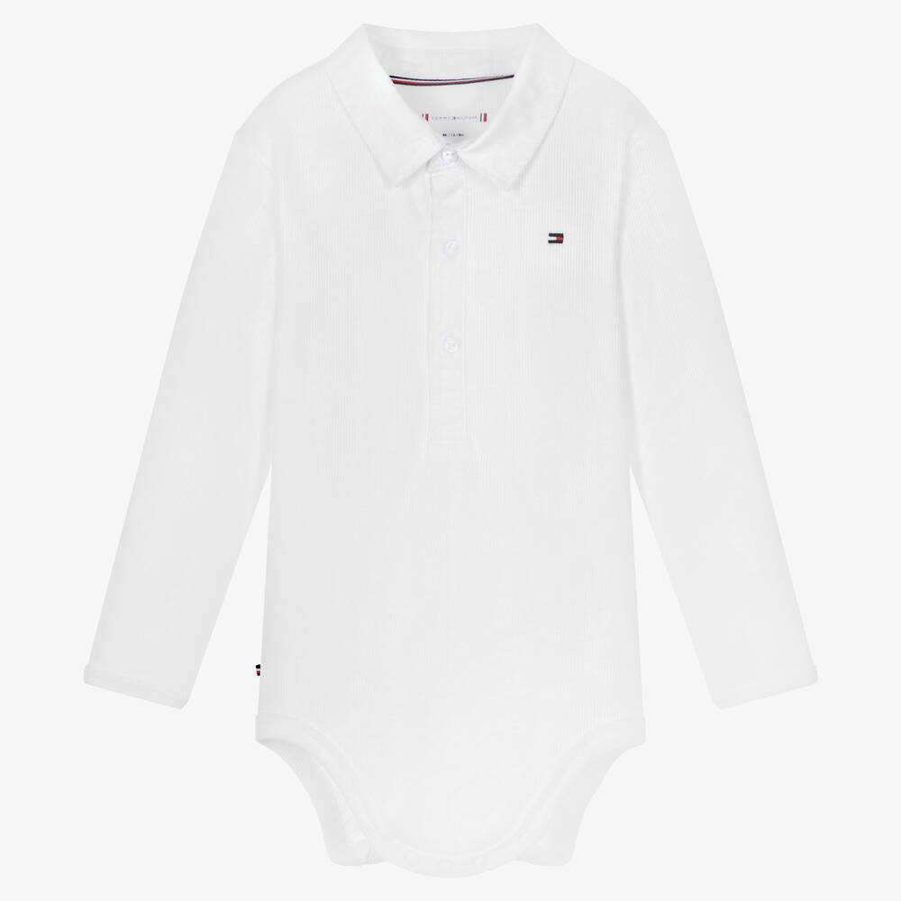 Tommy Hilfiger - Baby Boys White Cotton Collared Bodysuit | Childrensalon