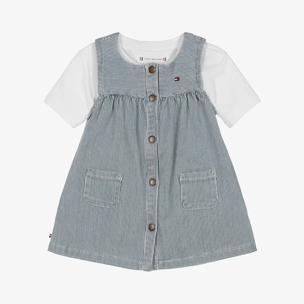 Shop Tommy Hilfiger Baby Girls Blue Striped Denim Dress Set