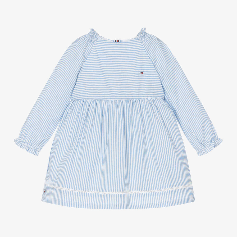 Tommy Hilfiger - Хлопковое платье в бело-голубую полоску для малышек | Childrensalon