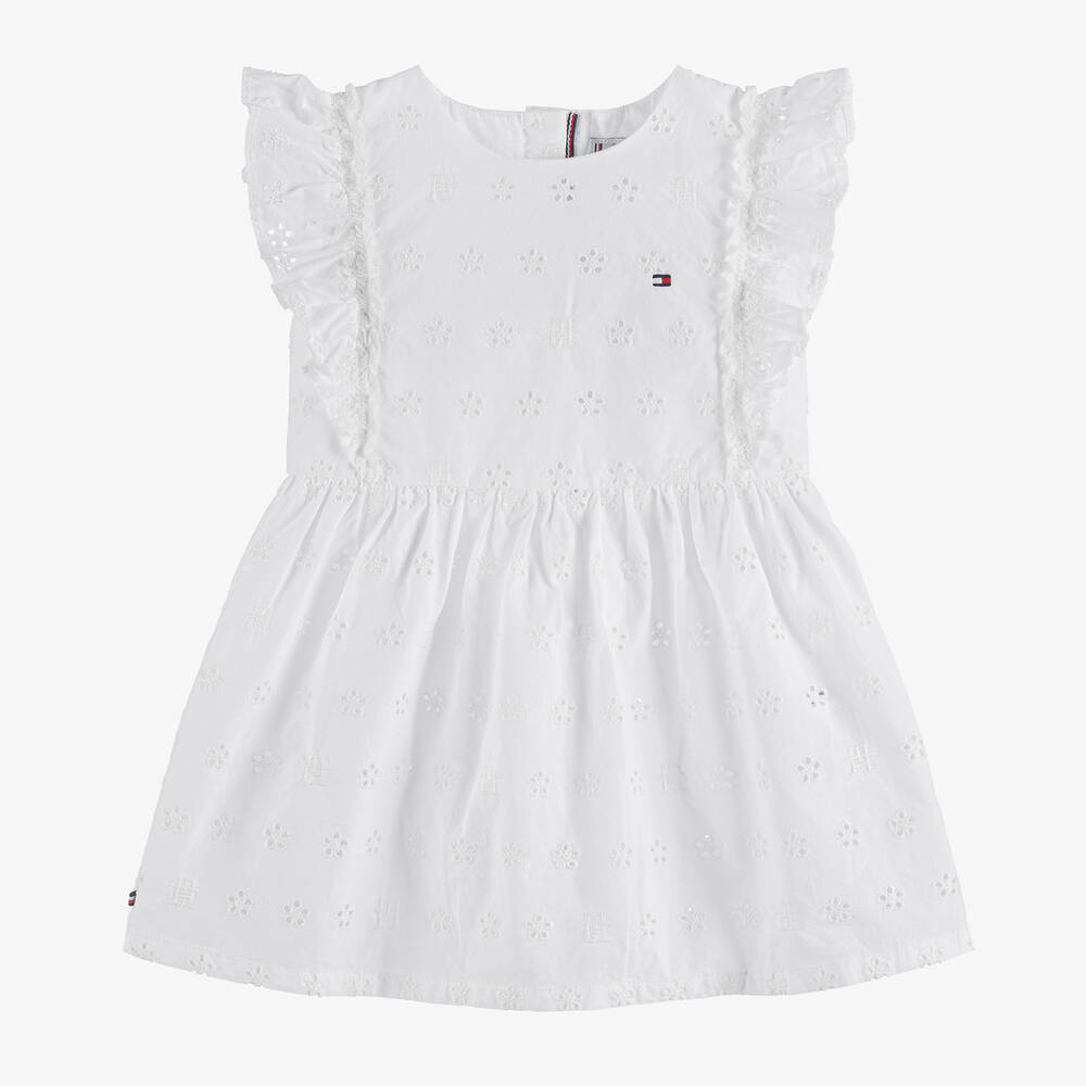 Tommy Hilfiger - فستان قطن برودوري لون أبيض للمولودات | Childrensalon