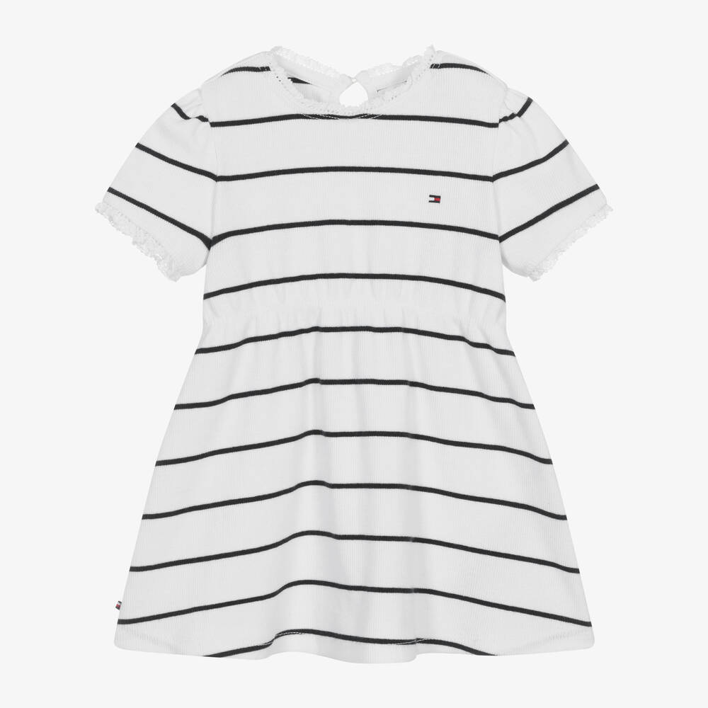 Tommy Hilfiger - فستان قطن جيرسي مقلم لون أبيض وكحلي للمولودات | Childrensalon