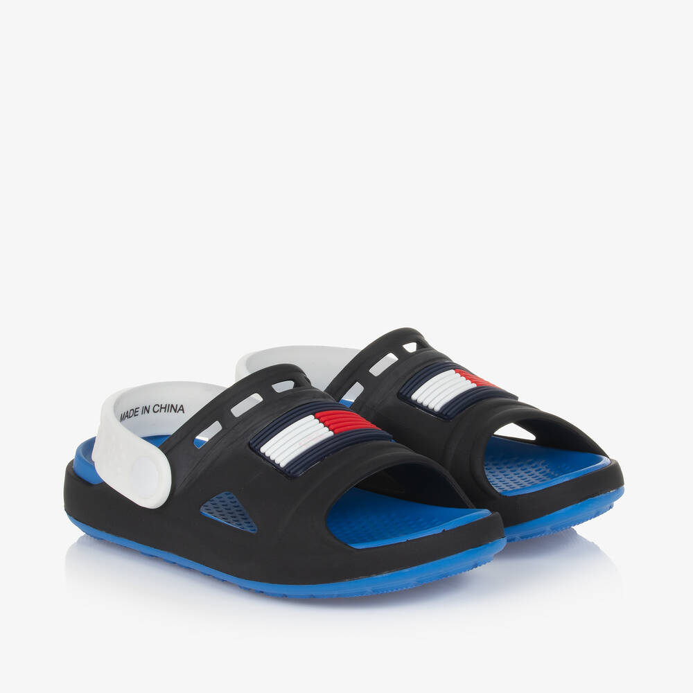 Tommy Hilfiger - Black & Blue Rubber Flag Logo Sandals | Childrensalon