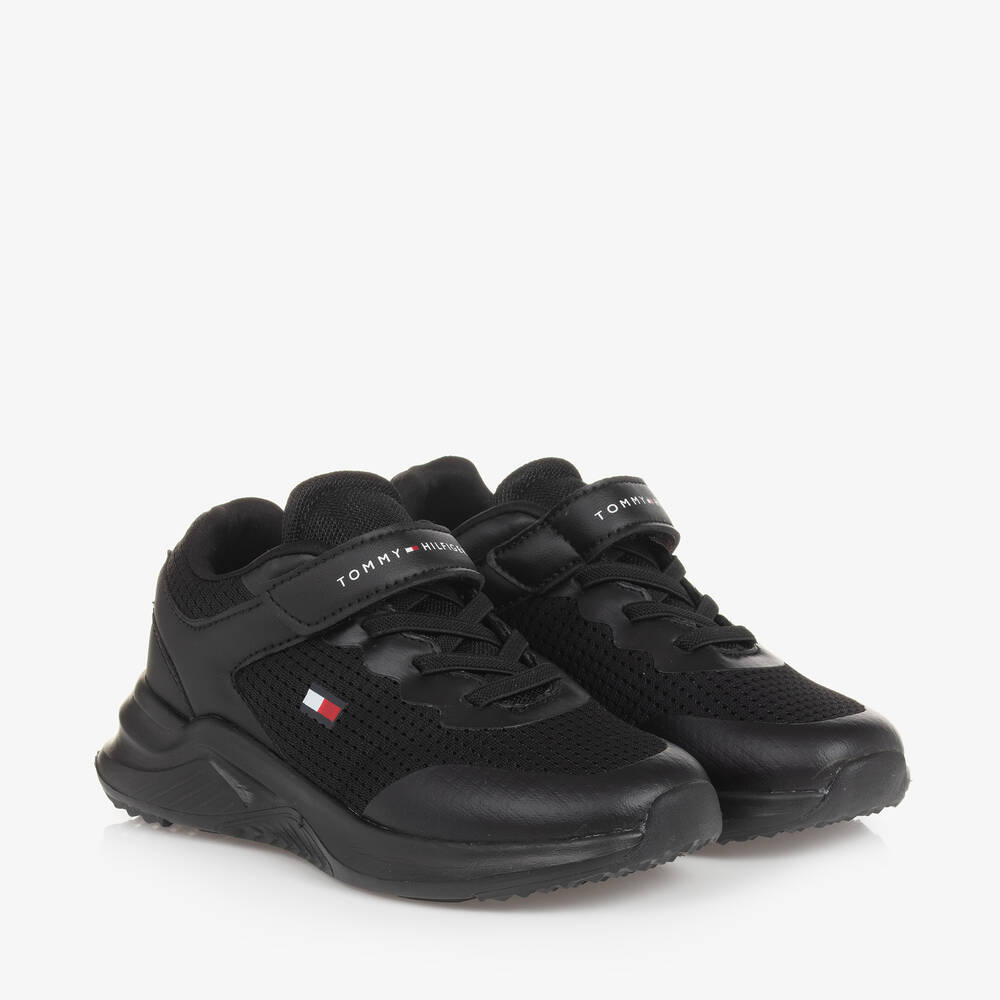 Tommy Hilfiger - Black Mesh & Faux Leather Velcro Trainers | Childrensalon