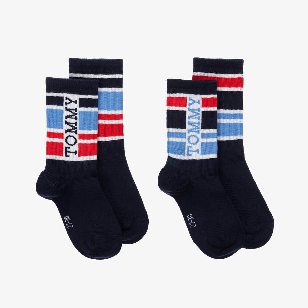 Tommy Hilfiger - Blue Cotton Sport Stripe Socks (2 Pack) | Childrensalon