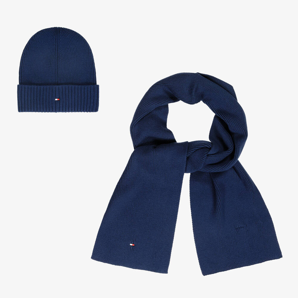 Tommy Hilfiger - Blue Knitted Cotton Hat & Scarf Set | Childrensalon