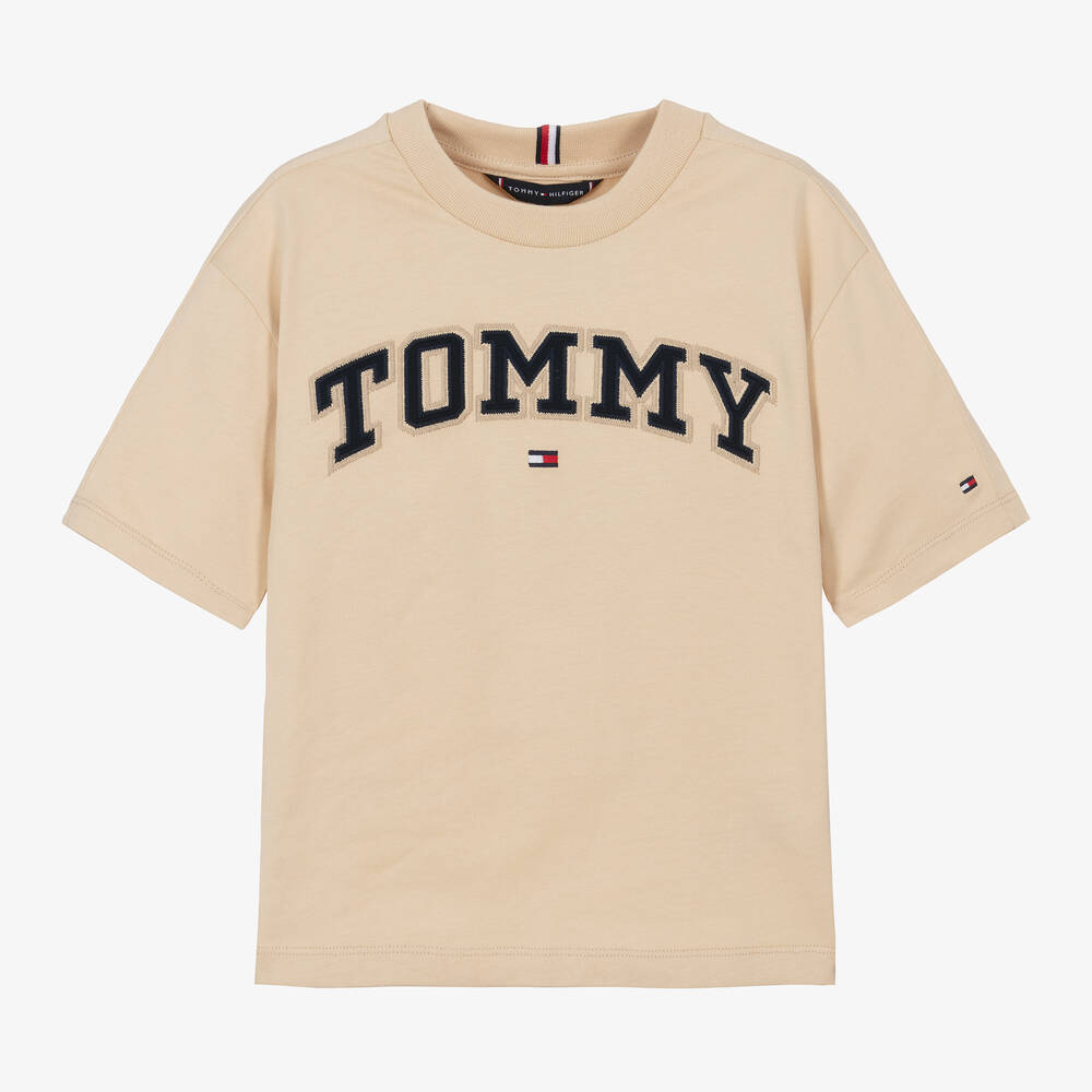 Tommy Hilfiger - Boys Beige Cotton Varsity T-Shirt | Childrensalon