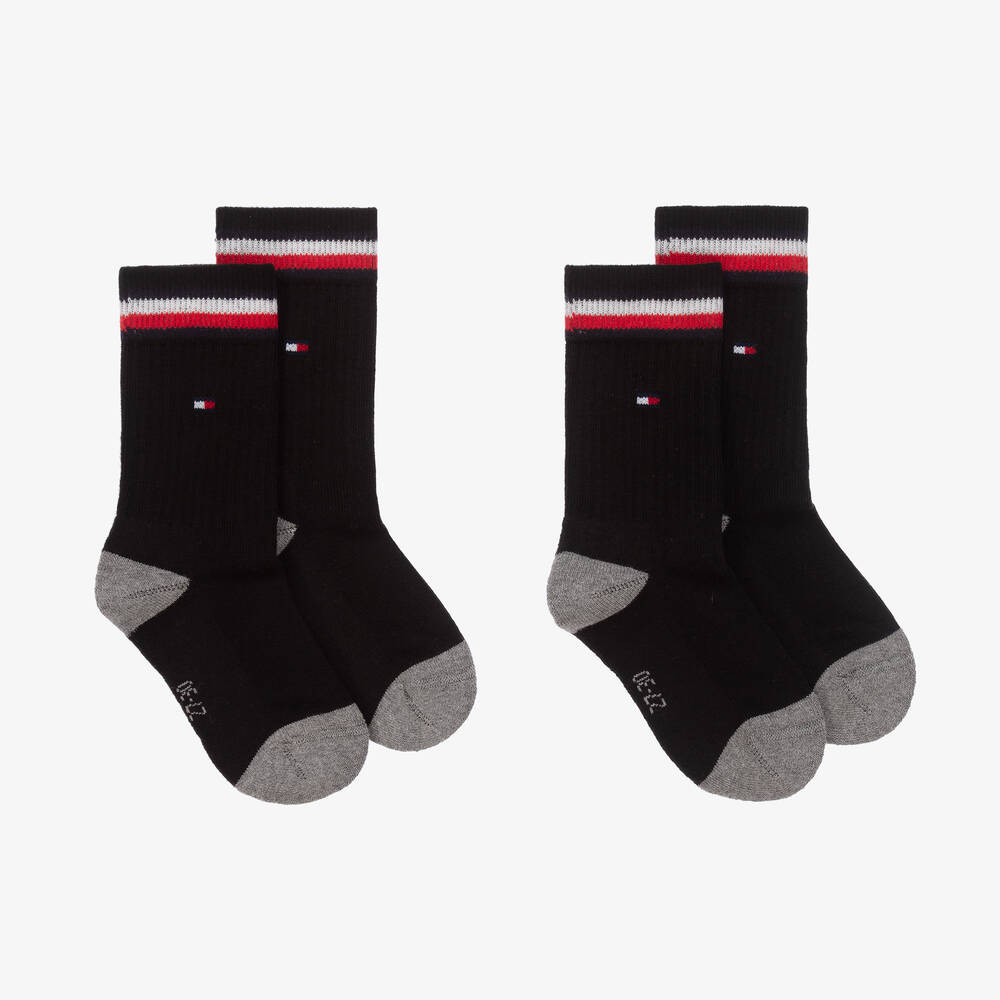 Tommy Hilfiger - Boys Black Flag Logo Cotton Socks (2 Pack) | Childrensalon