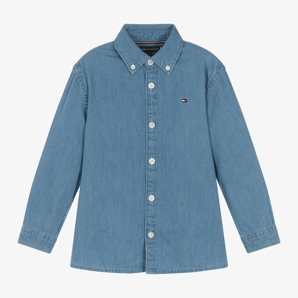 Tommy Hilfiger - قميص قطن شامبري دنيم لون أزرق للأولاد | Childrensalon