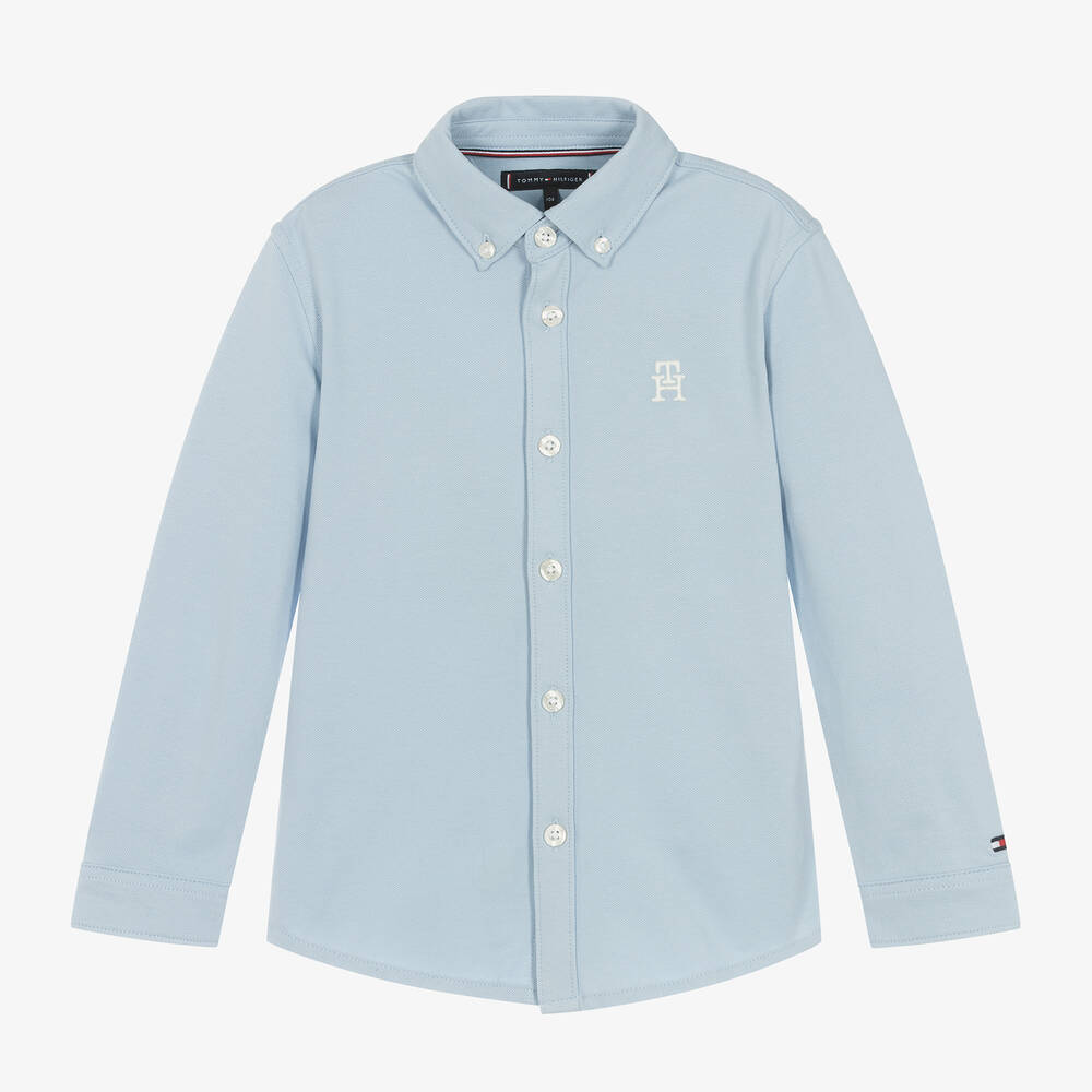 Tommy Hilfiger - قميص قطن بيكيه لون أزرق فاتح للأولاد | Childrensalon