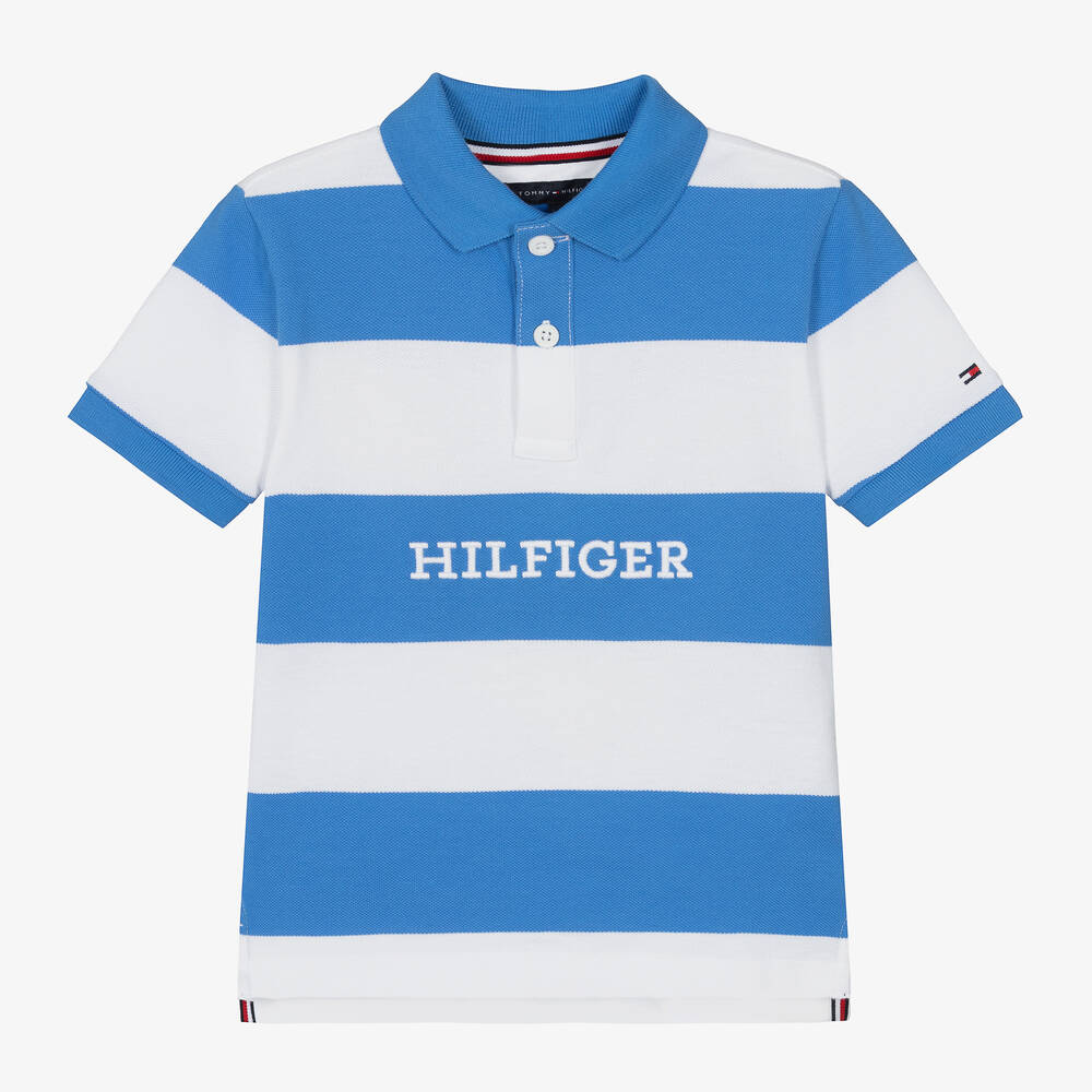 Tommy Hilfiger - Boys Blue Cotton Striped Polo Shirt | Childrensalon