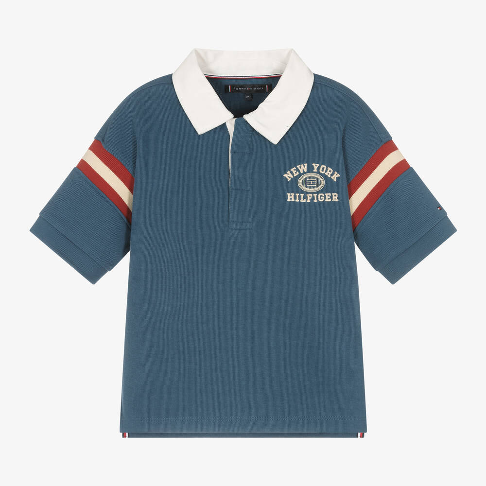 Tommy Hilfiger - Boys Blue Cotton Varsity Logo Rugby Shirt | Childrensalon