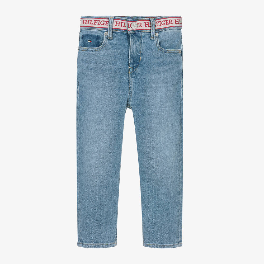 Shop Tommy Hilfiger Boys Blue Denim Jacquard-waist Jeans