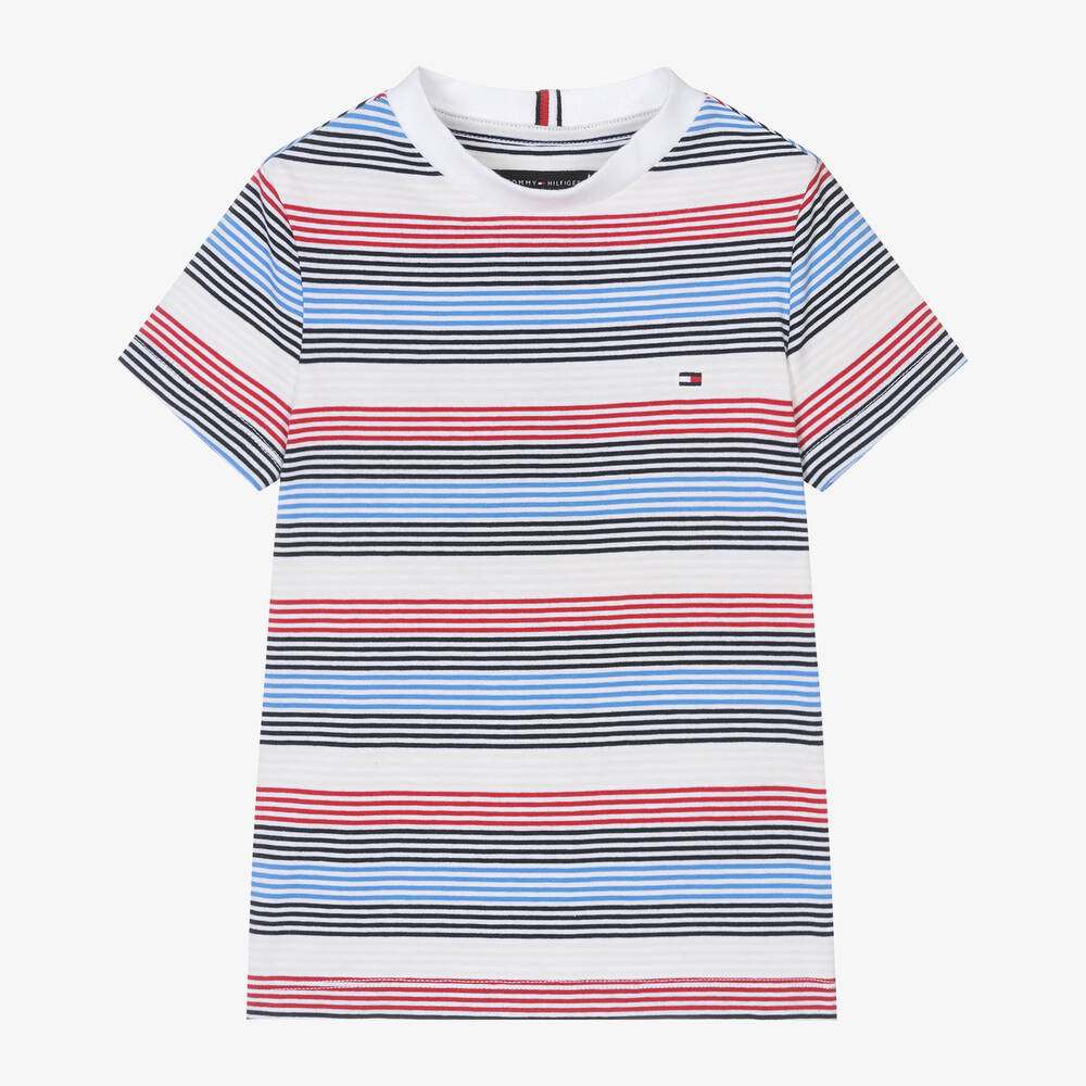 Shop Tommy Hilfiger Boys Blue Striped Cotton T-shirt