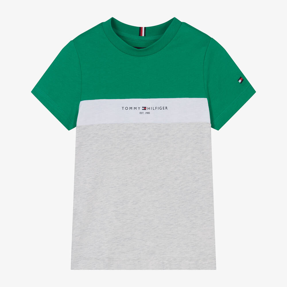 Tommy Hilfiger - Boys Green Cotton Colourblock T-Shirt | Childrensalon