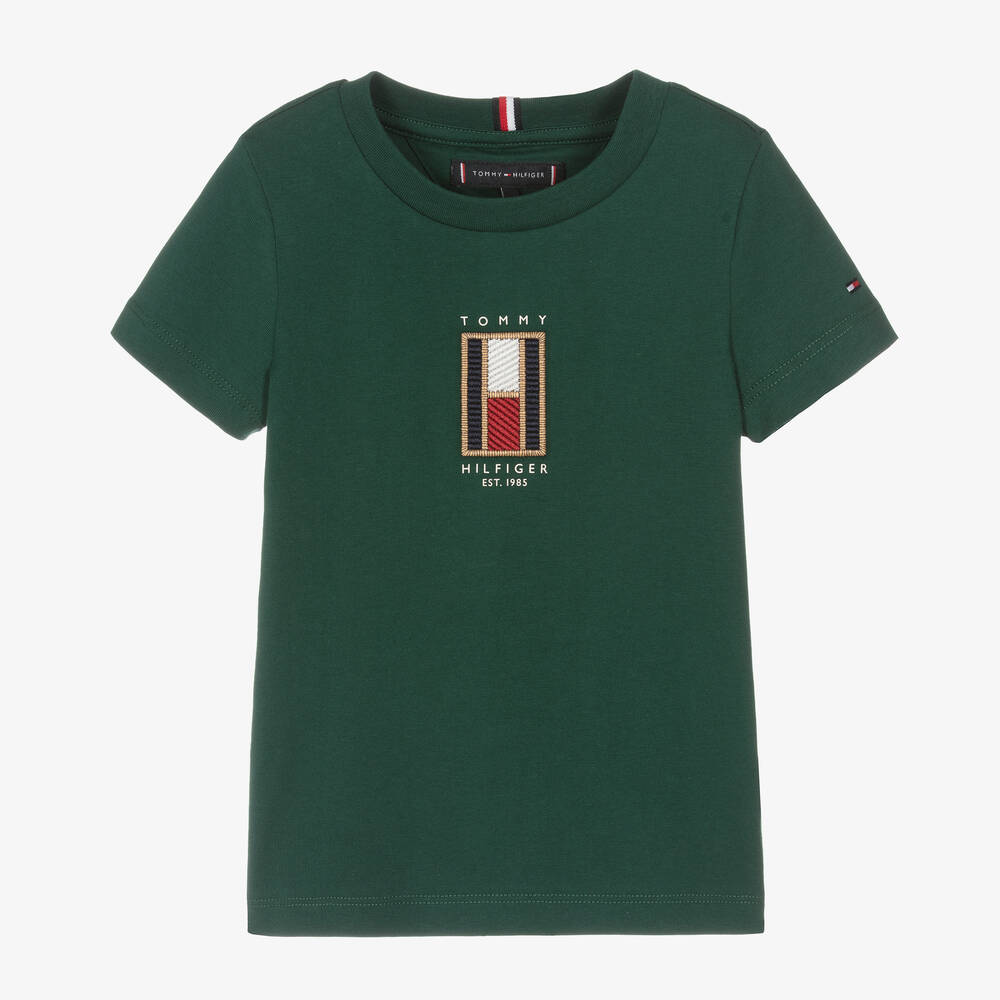 Tommy Hilfiger - Boys Green Cotton Flag T-Shirt | Childrensalon