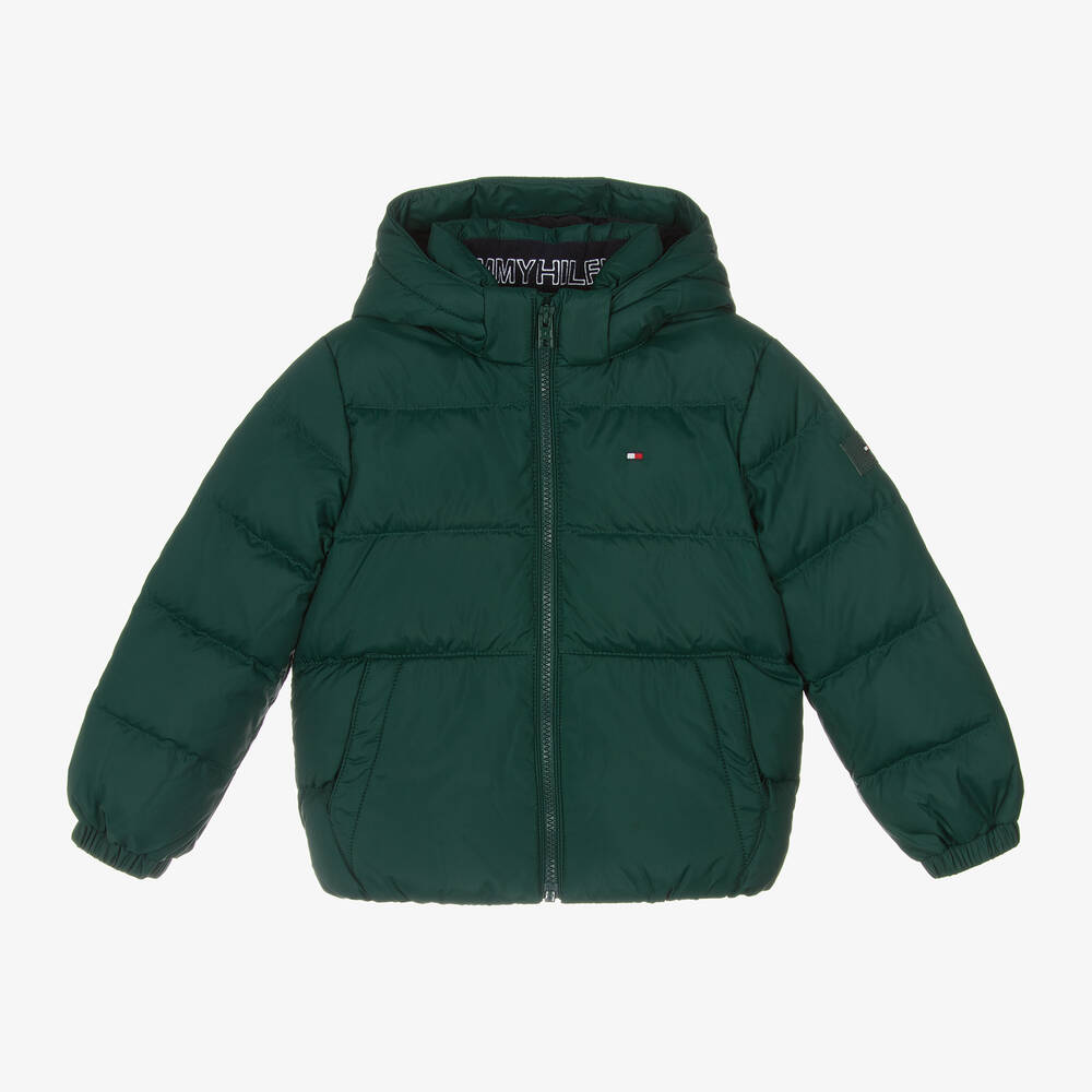 Tommy Hilfiger - Boys Green Down Padded Hooded Jacket | Childrensalon