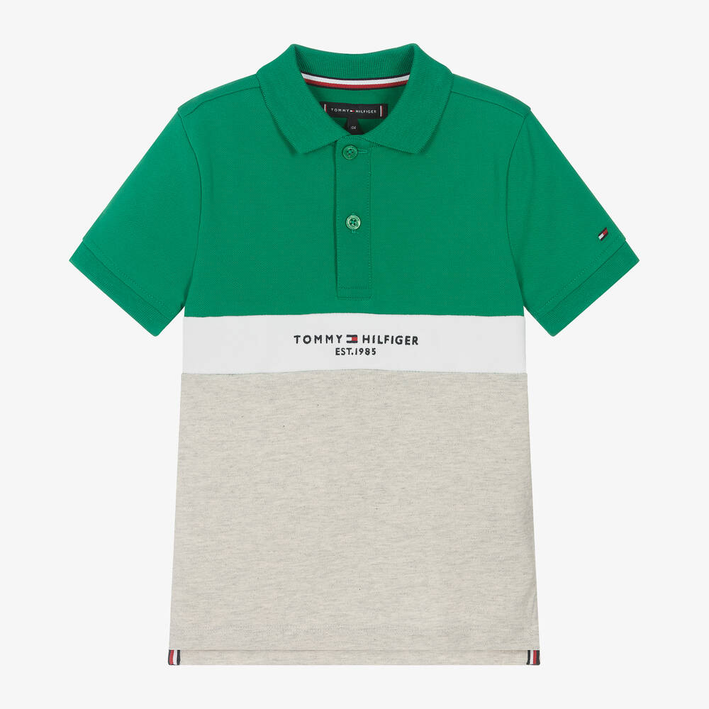 Tommy Hilfiger - Boys Green & Grey Cotton Polo Shirt | Childrensalon