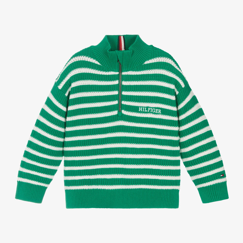 Tommy Hilfiger - Boys Green Striped Cotton Knit Sweater | Childrensalon