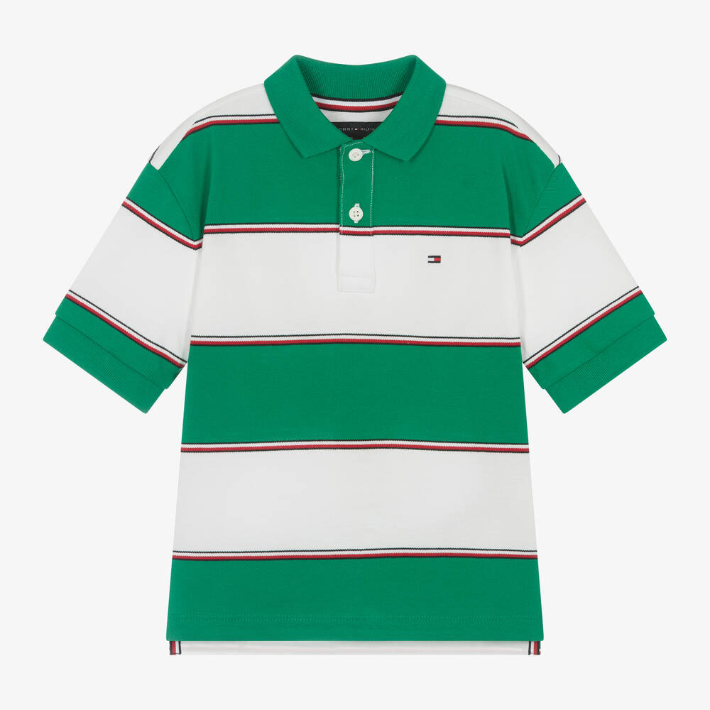 Tommy Hilfiger - Boys Green Striped Cotton Polo Shirt | Childrensalon