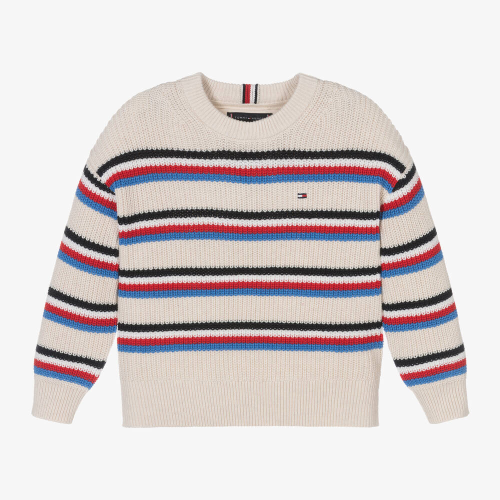 Tommy Hilfiger - Boys Ivory Striped Cotton Sweater | Childrensalon