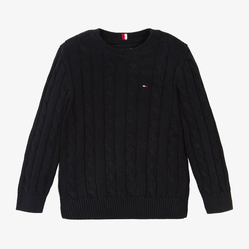 Tommy Hilfiger - Boys Navy Blue Cotton Cable Knit Sweater | Childrensalon