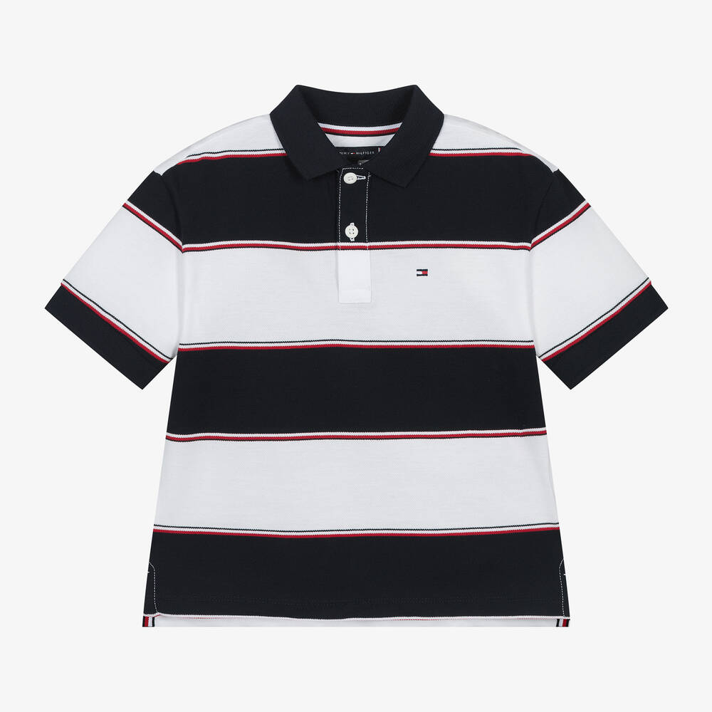 Tommy Hilfiger - Boys Navy Blue Striped Cotton Polo Shirt | Childrensalon