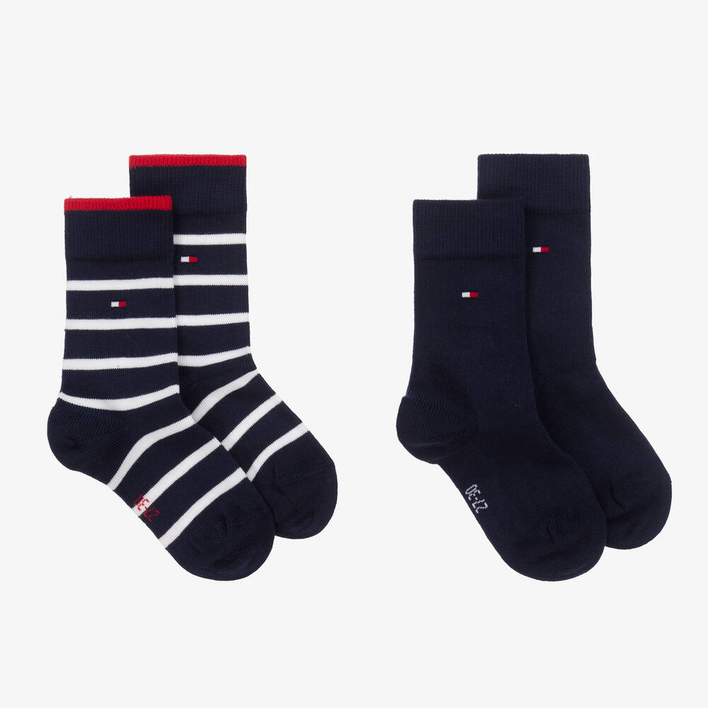 Tommy Hilfiger - Boys Navy Blue Striped Cotton Socks (2 Pack) | Childrensalon