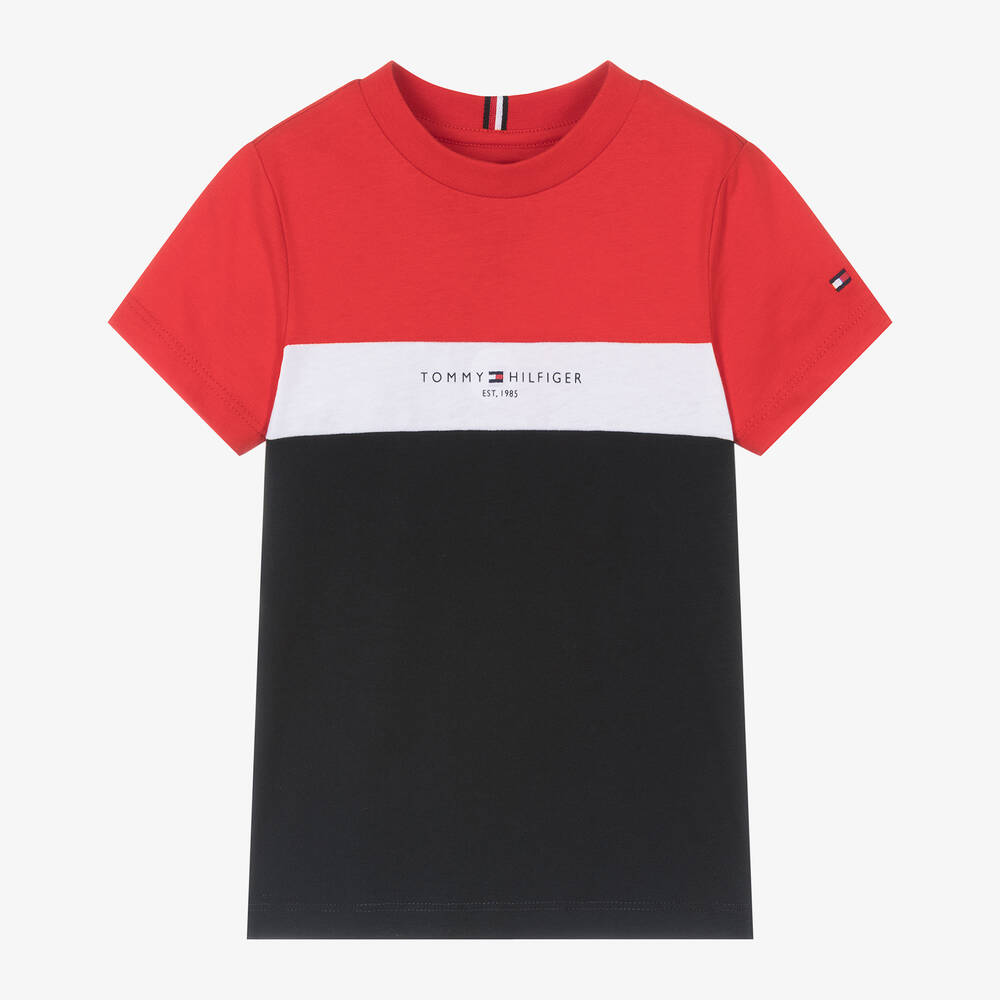 Tommy Hilfiger - Boys Red Cotton Colourblock T-Shirt | Childrensalon