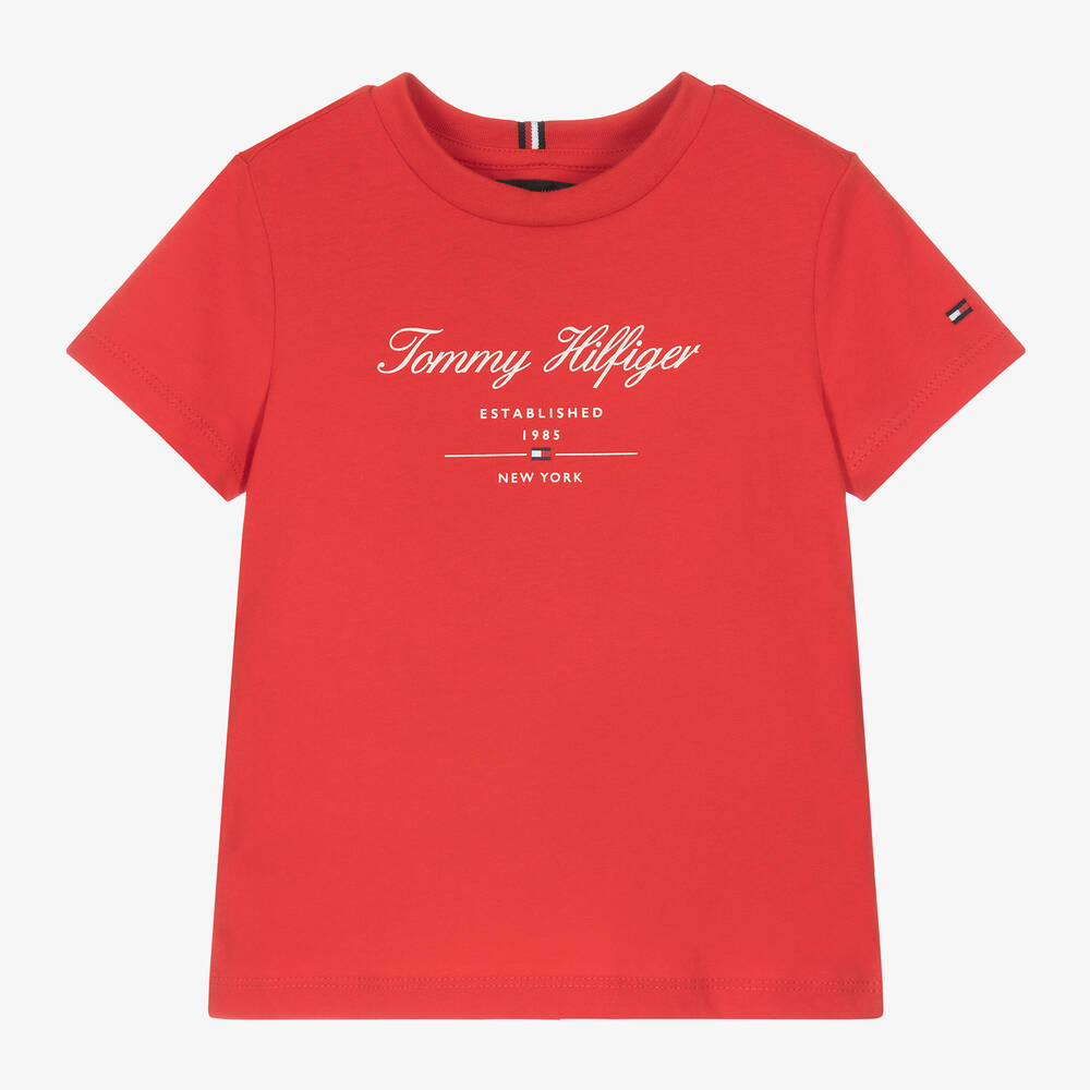 Tommy Hilfiger - Boys Red Cotton Script T-Shirt | Childrensalon