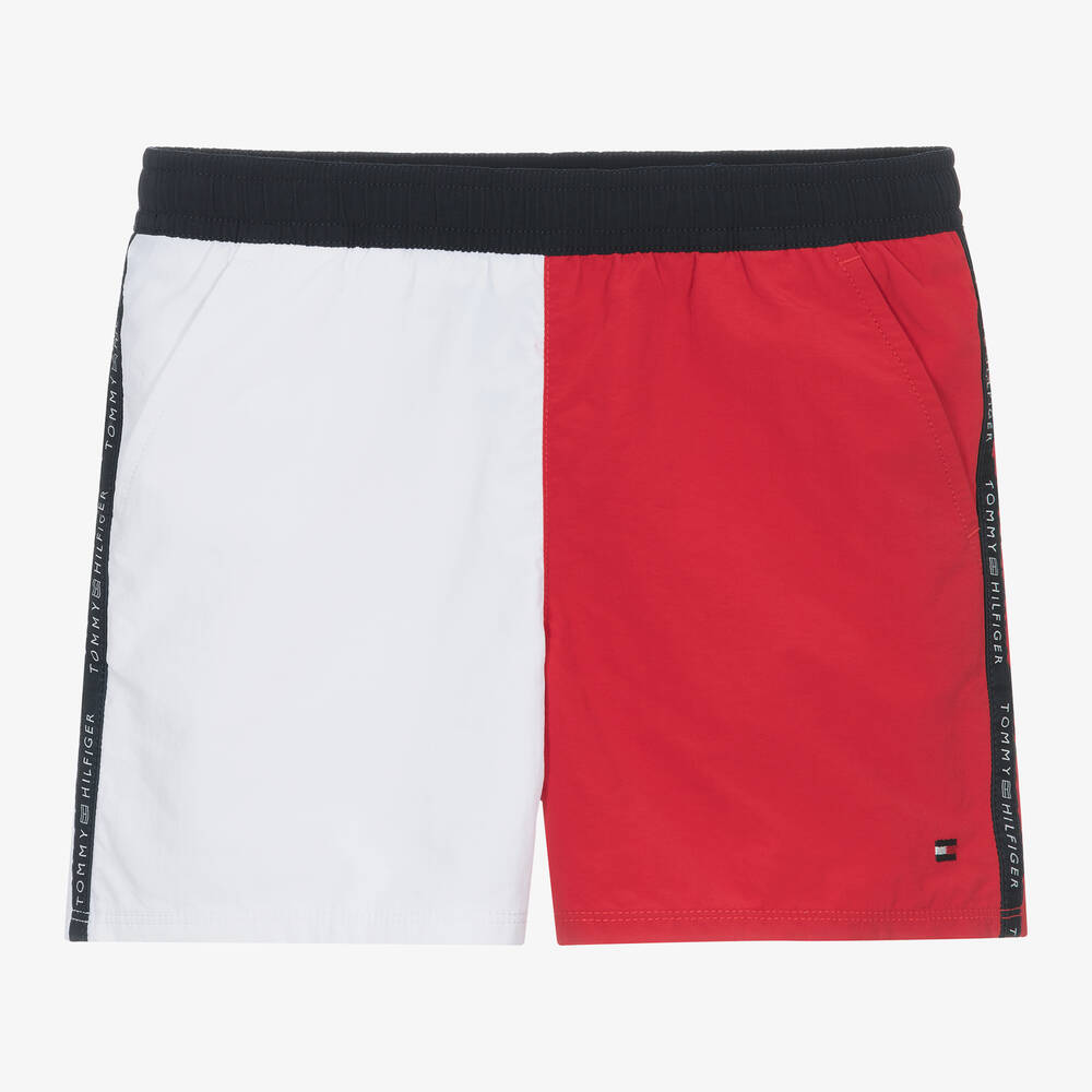 Tommy Hilfiger - Boys Red & White Flag Swim Shorts | Childrensalon