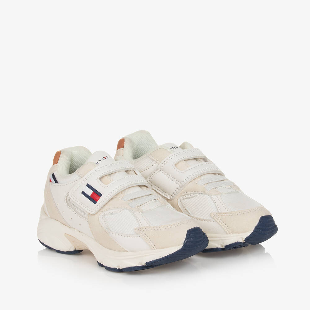 Tommy Hilfiger - Boys White & Beige Faux Leather Trainers | Childrensalon