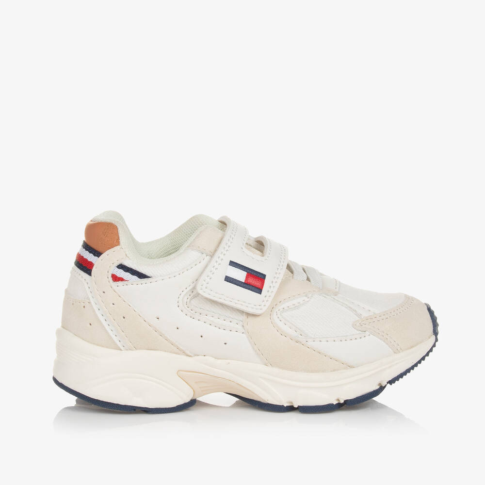 Tommy Hilfiger Kids' Boys White & Beige Faux Leather Trainers In Neutral