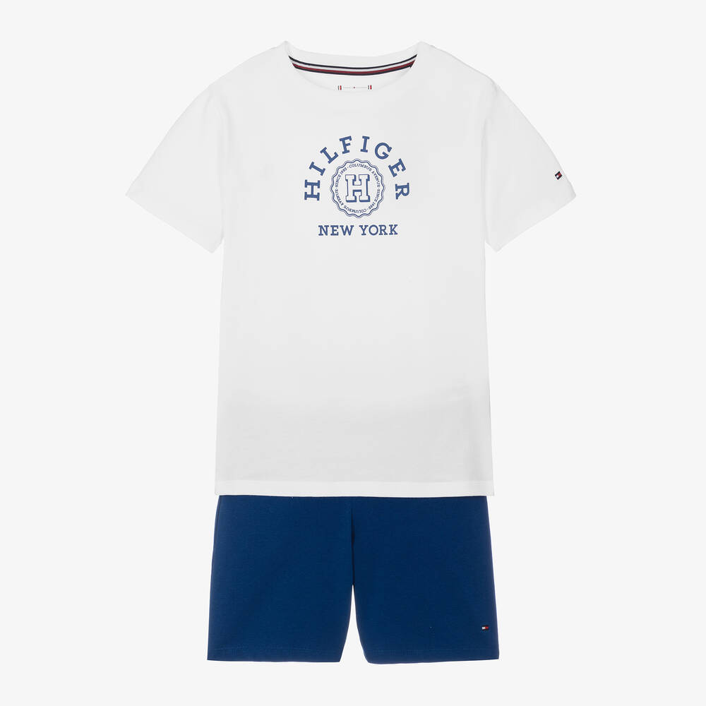 Tommy Hilfiger - Boys White & Blue Cotton Short Pyjamas | Childrensalon