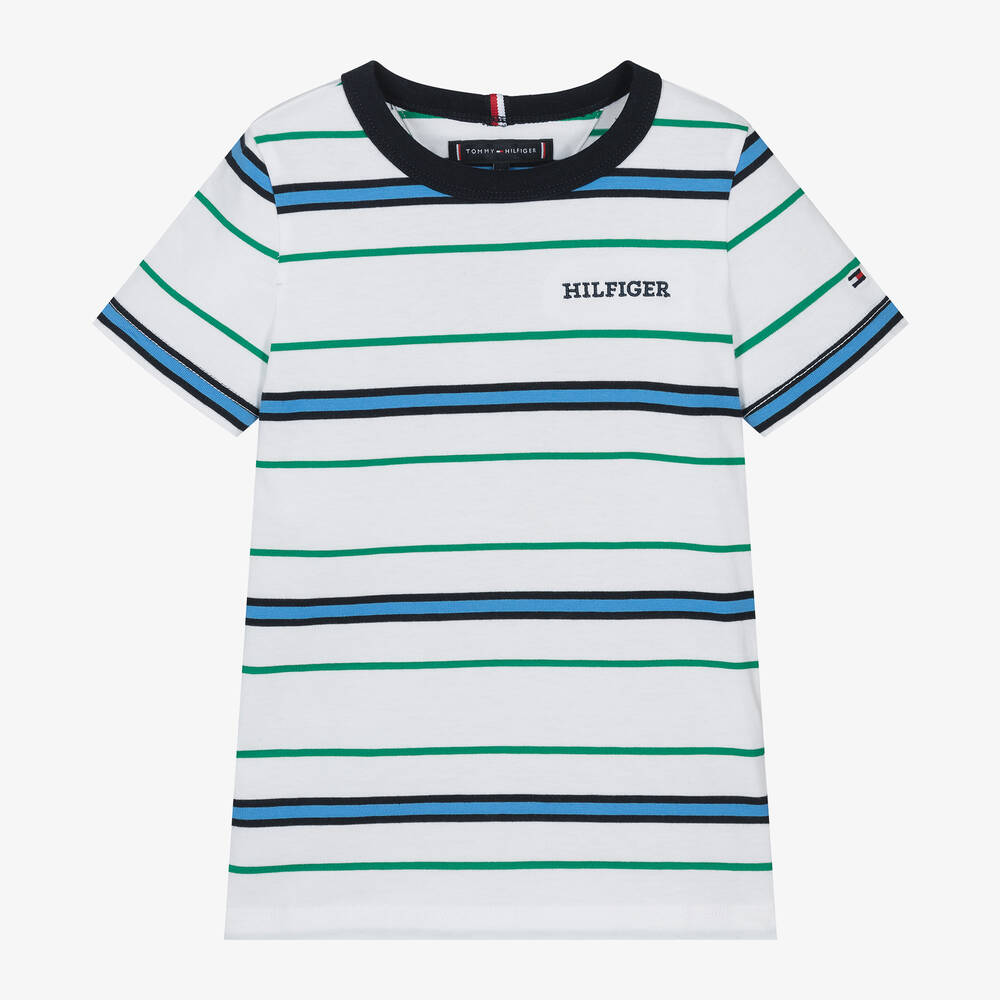Tommy Hilfiger - Boys White & Blue Cotton Stripe T-Shirt | Childrensalon