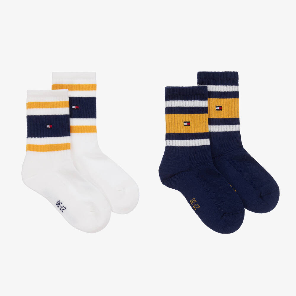 Tommy Hilfiger - Boys White & Blue Striped Cotton Socks (2 Pack) | Childrensalon