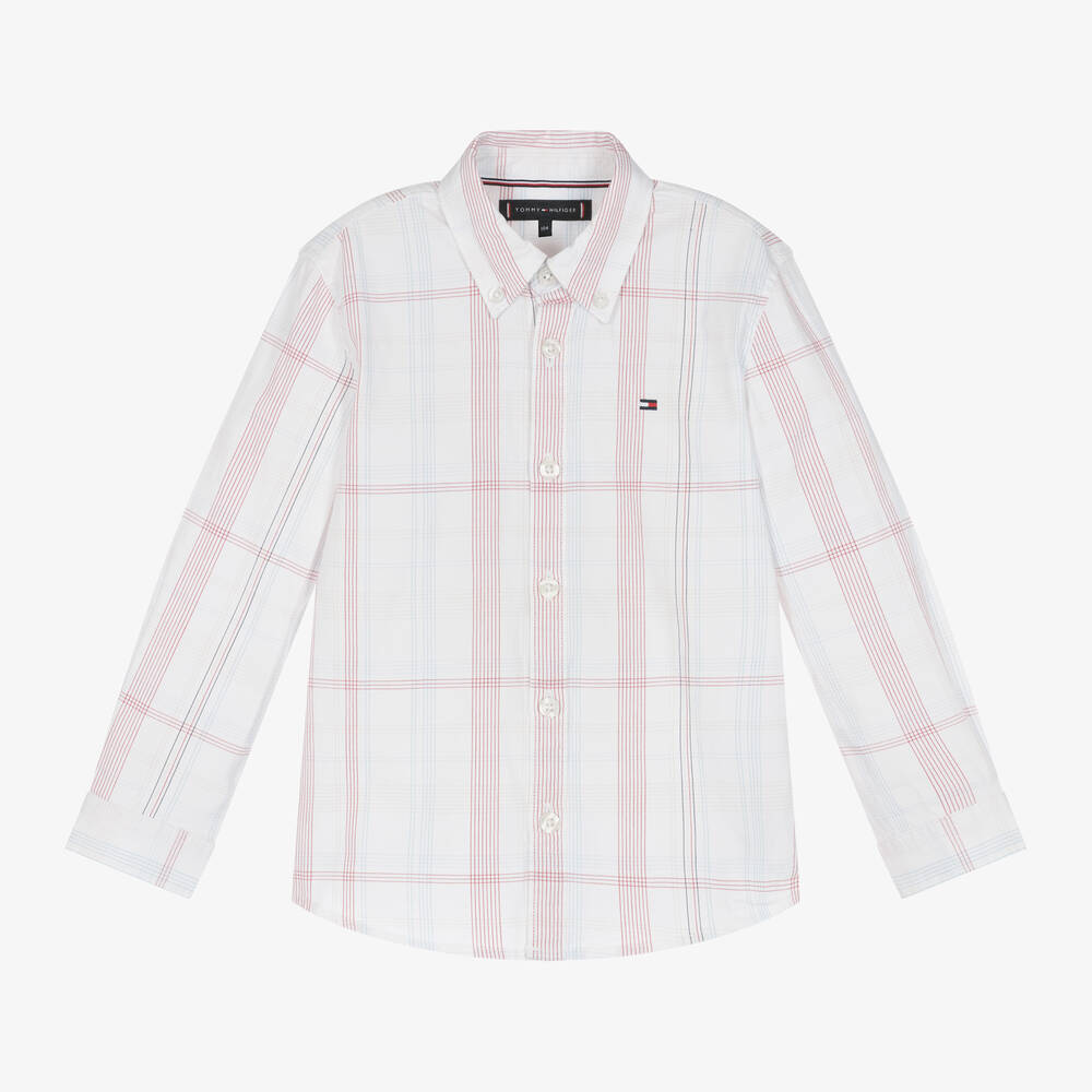 Tommy Hilfiger - Boys White Cotton Checked Shirt | Childrensalon