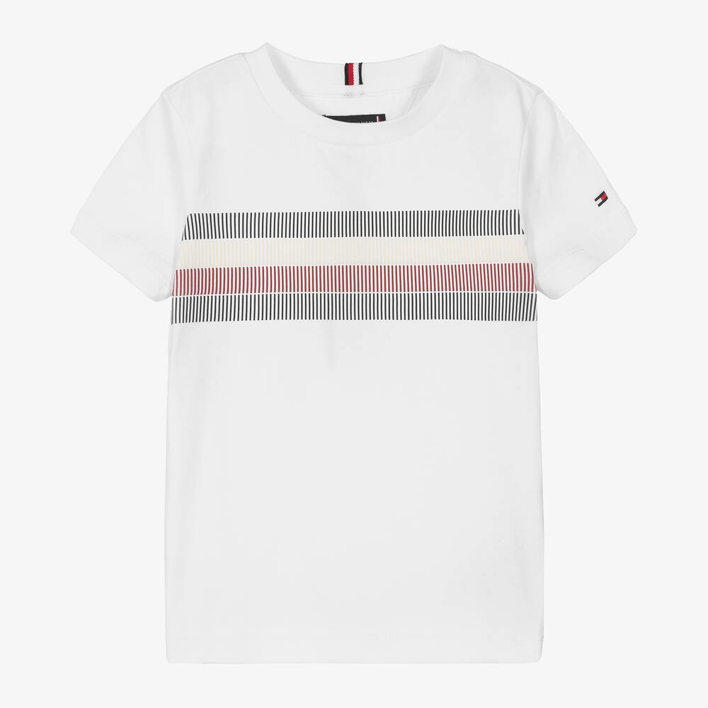 Tommy Hilfiger - Boys White Cotton Global Stripe T-Shirt | Childrensalon