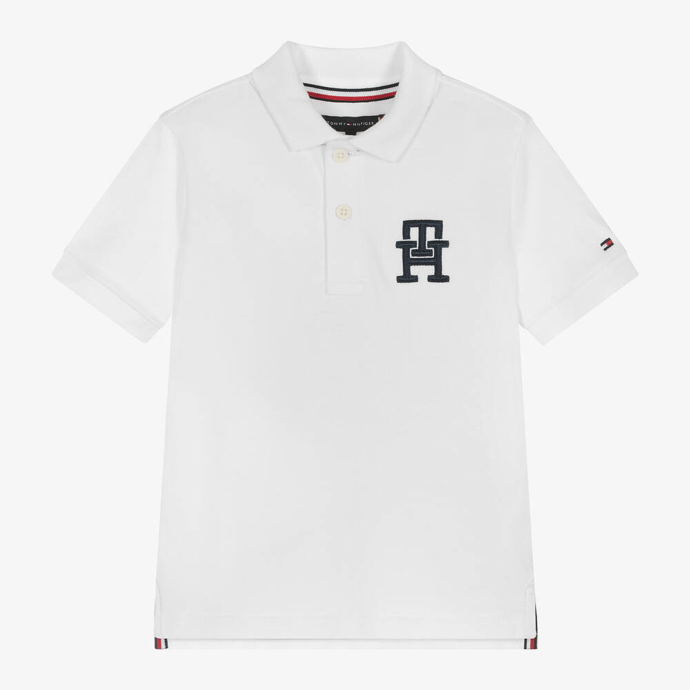 Tommy Hilfiger - Boys White Cotton Monogram Logo Polo Shirt | Childrensalon