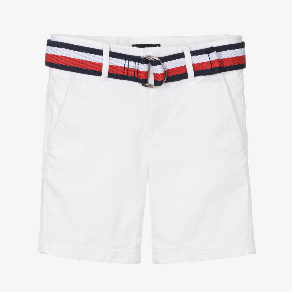 Tommy Hilfiger - Boys White Cotton Slim-Fit Shorts | Childrensalon