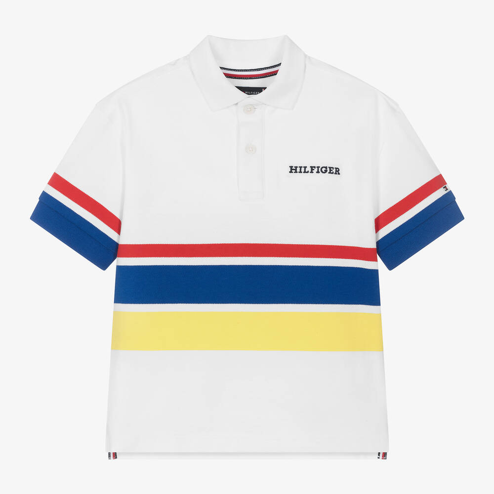 Tommy Hilfiger - Boys White Cotton Stripe Polo Shirt | Childrensalon