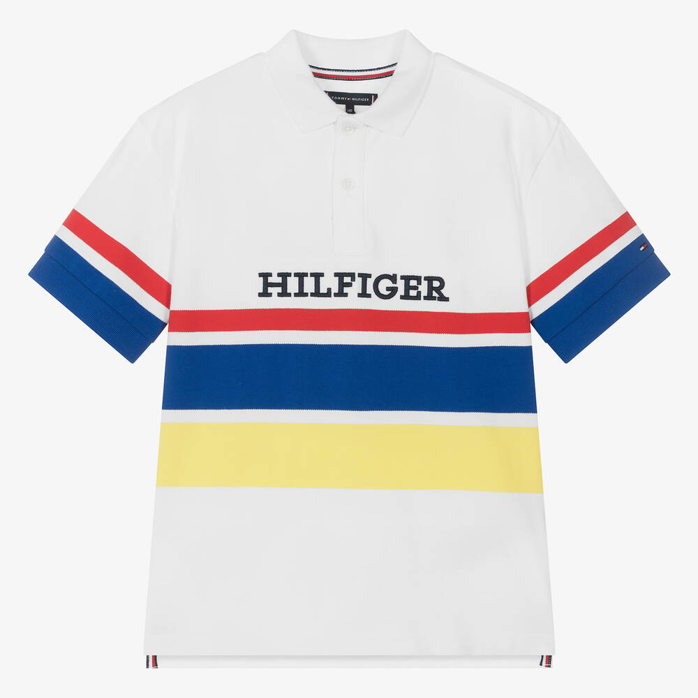 Tommy Hilfiger - Boys White Cotton Stripe Polo Shirt | Childrensalon